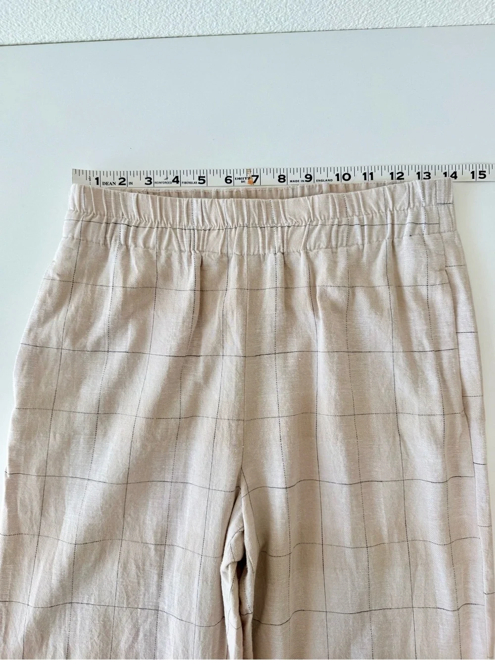 Zara Plaid Window Pain Cropped Cotton Linen Blend Pants-Cream Navy-Size Small